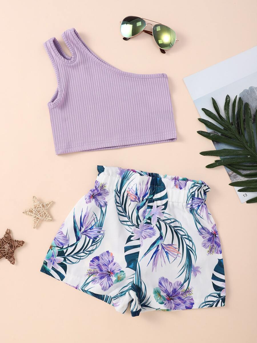Toddler Girls One Shoulder Cut Out Top & Tropical Print Shorts - Multicolor - View 1