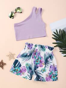 Toddler Girls One Shoulder Cut Out Top & Tropical Print Shorts - Multicolor - View 2