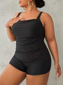 Swim Lushoire Summer Beach Plus Size Plain Ruched Tankini - Black - View 1