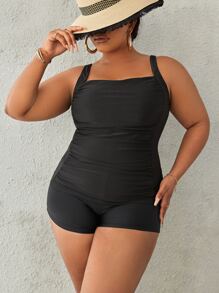 Swim Lushoire Summer Beach Plus Size Plain Ruched Tankini - Black - View 3