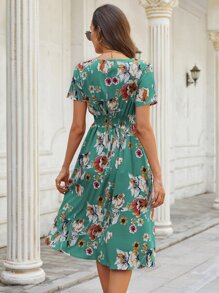 SHEIN Unity Allover Floral Shirred Wrap Dress - Green - View 2