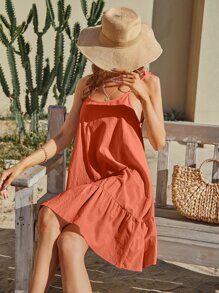 Breezaya Vestido de tirantes de hombros con cordón bajo con fruncido - Naranja - Ver 6