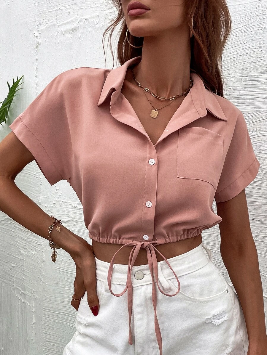 SHEIN LUNE Camisa bajo con cordón de manga murciélago - Rosa vieja - Ver 1