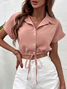 SHEIN LUNE Camisa bajo con cordón de manga murciélago - Rosa vieja - Ver 3