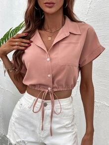 SHEIN LUNE Camisa bajo con cordón de manga murciélago - Rosa vieja - Ver 6