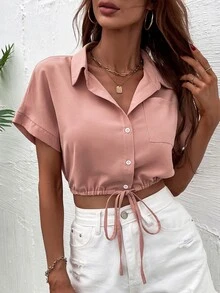 SHEIN LUNE Camisa bajo con cordón de manga murciélago - Rosa vieja - Ver 7