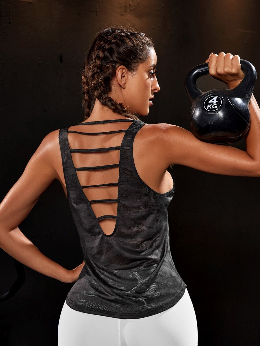 Yoga Sxy Camo Print Cut Out Back Sports Tank - Black - View 1
