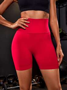 Powerista 无缝宽腰带紧身运动短裤弹力短裤适合中国新年女士运动短裤、健身短裤、骑行短裤 - 紅色 - 查看 3