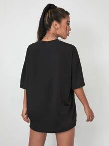 SHEIN Unity Camiseta de hombros caídos con diamante de imitación de cráneo - Negro - Ver 2