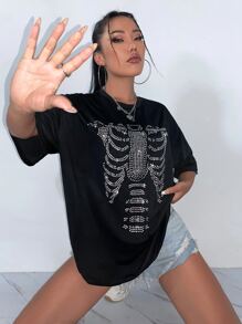 SHEIN Unity Camiseta de hombros caídos con diamante de imitación de cráneo - Negro - Ver 5