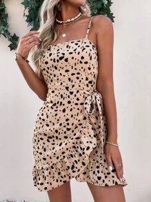 Chiquease Allover Print Ruffle Trim Wrap Hem Cami Dress
