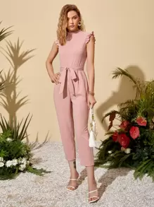 SHEIN Privé Mock-Neck Ruffle Cuff Self Belted Jumpsuit - Dusty Pink - View 1