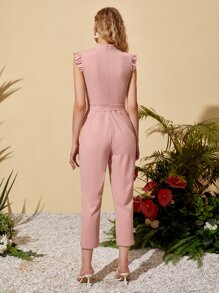 SHEIN Privé Mock-Neck Ruffle Cuff Self Belted Jumpsuit - Dusty Pink - View 2