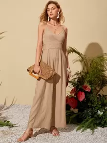 SHEIN Unity Jumpsuit de tirantes unicolor con cordón trasero - Caqui - Ver 1