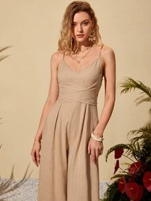 SHEIN Unity Jumpsuit de tirantes unicolor con cordón trasero - Caqui - Ver 3