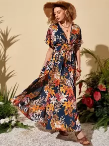 SHEIN VCAY Tropical Print Split Thigh Dress - Multicolor - View 1