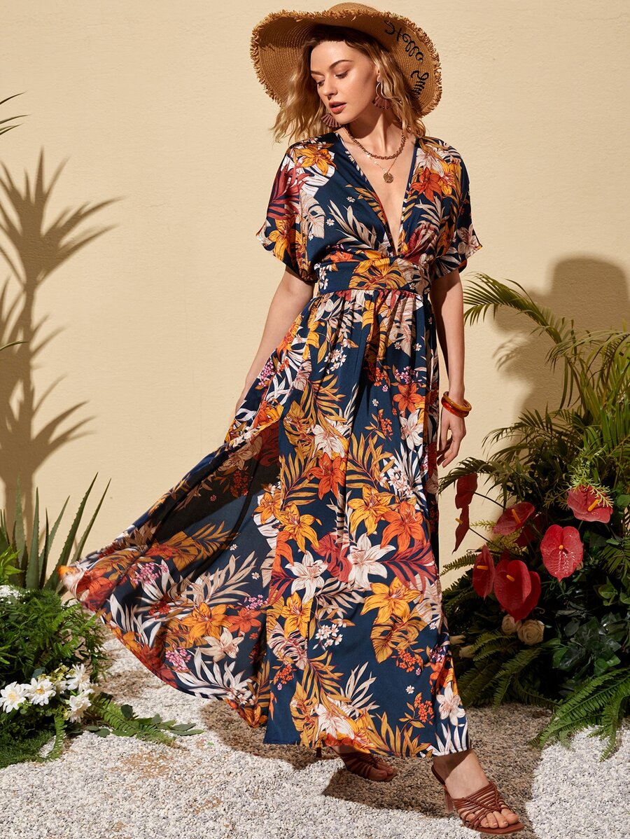 SHEIN VCAY Tropical Print Split Thigh Dress - Multicolor - View 1