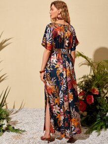 SHEIN VCAY Tropical Print Split Thigh Dress - Multicolor - View 2