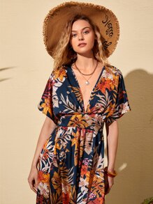 SHEIN VCAY Tropical Print Split Thigh Dress - Multicolor - View 5