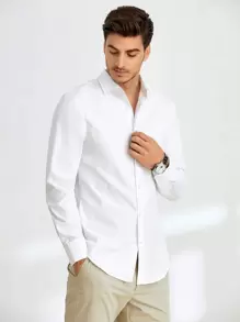 GENTILAND Hombres Camisa unicolor con botón - Blanco - Ver 3
