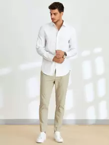 GENTILAND Hombres Camisa unicolor con botón - Blanco - Ver 4