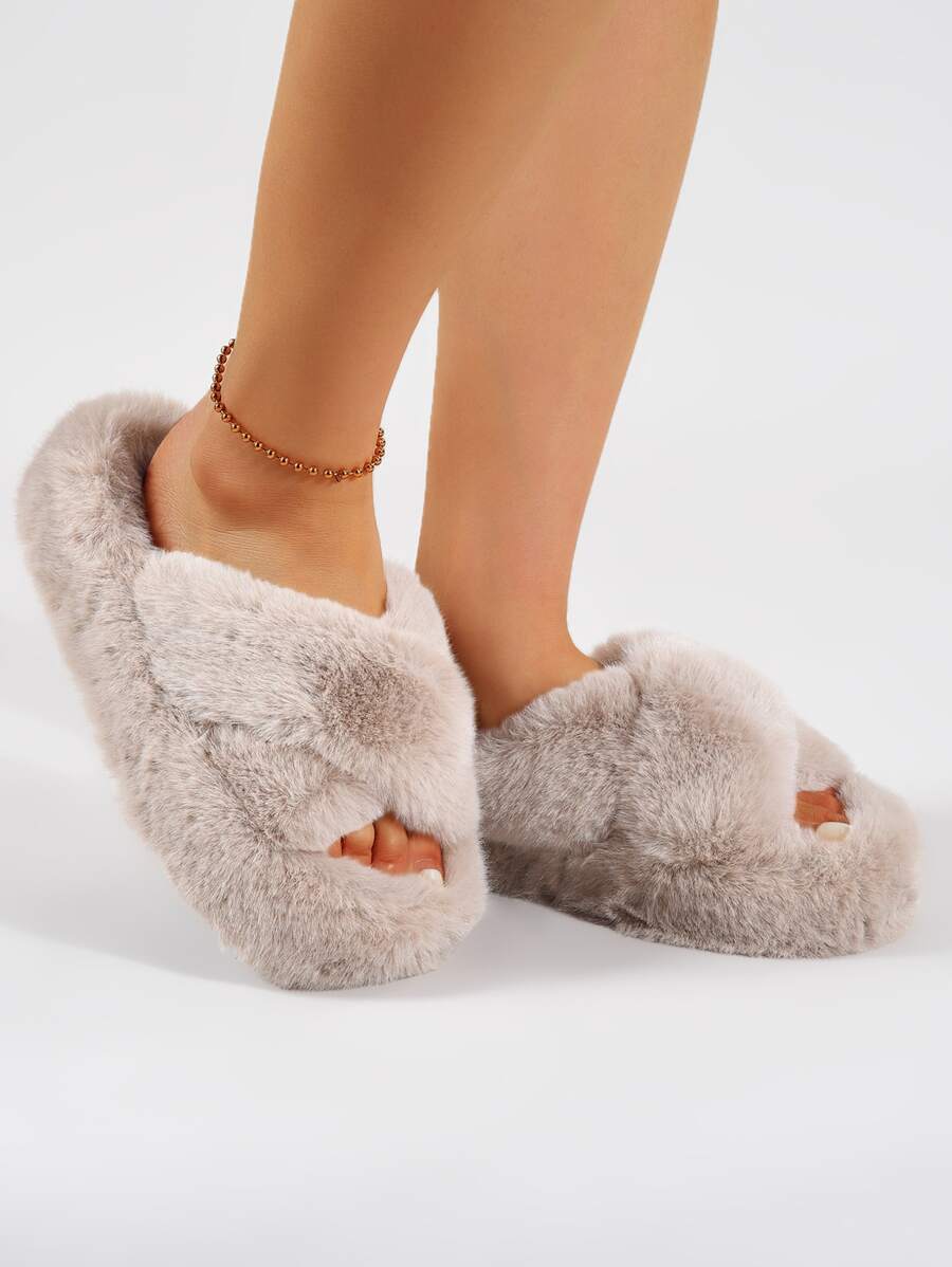 Criss Cross Fuzzy Bedroom Slippers - Apricot - View 1
