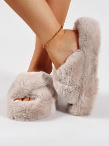 Criss Cross Fuzzy Bedroom Slippers - Apricot - View 2