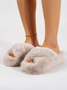 Criss Cross Fuzzy Bedroom Slippers - Apricot - View 4