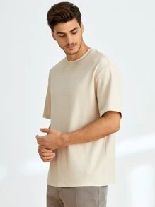 Manfinity NiteLyfe 1 pezzo Maglietta uomo girocollo a manica corta, vestibilità morbida, tinta unita - Beige - Visualizzare 4