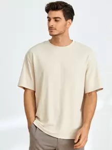 Manfinity NiteLyfe 1 pezzo Maglietta uomo girocollo a manica corta, vestibilità morbida, tinta unita - Beige - Visualizzare 5