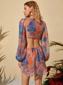 SHEIN VCAY 燈籠袖打結鏤空腰雪紡連身短褲 - 彩色 - 查看 2