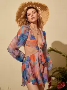 SHEIN VCAY 燈籠袖打結鏤空腰雪紡連身短褲 - 彩色 - 查看 4