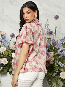 SHEIN Maternidad Blusa con estampado floral fruncido de manga farol - Multicolor - Ver 2