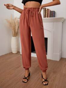SHEIN LUNE Paperbag Waist Knot Waist Pants - Rust Brown - View 2