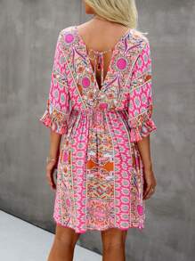 SHEIN VCAY All Over Print Wrap Neck Tie Back Dress - Multicolor - View 2