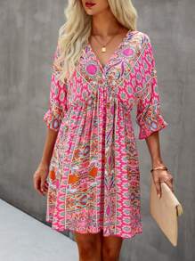 SHEIN VCAY All Over Print Wrap Neck Tie Back Dress - Multicolor - View 3