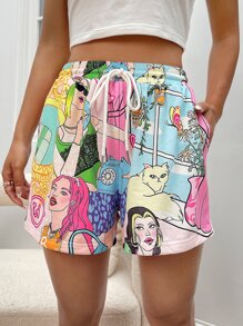 SHEIN EZwear Figure & Butterfly Print Drawstring Waist Shorts - Multicolor - View 1