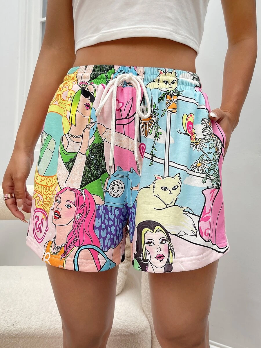 SHEIN EZwear Figure & Butterfly Print Drawstring Waist Shorts - Multicolor - View 1
