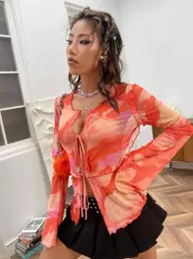 SHEIN ICON Tie Front Sheer Mesh Flounce Sleeve Top - Multicolor - View 5