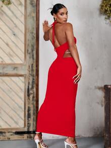 SHEIN Pearls Chain Cutout Tied Backless Dress - Red - View 2