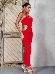 SHEIN Pearls Chain Cutout Tied Backless Dress - Red - View 4