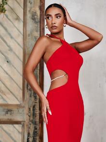 SHEIN Pearls Chain Cutout Tied Backless Dress - Red - View 5