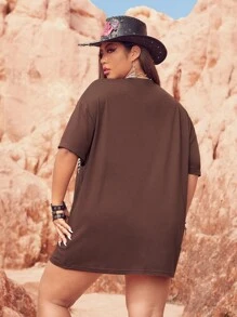 SHEIN Coolane Plus Motorcycle & Slogan Graphic Drop Shoulder Tee - Brown - View 2