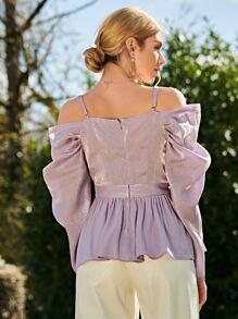 SHEIN Unity 挖肩泡泡袖花邊下擺上衣 - 紫丁香色 - 查看 3