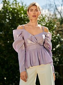 SHEIN Unity 挖肩泡泡袖花邊下擺上衣 - 紫丁香色 - 查看 4