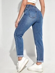 SHEIN EZwear Jeans mom de cintura con volante bajo de doblez
