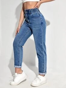 SHEIN EZwear Jeans mom de cintura con volante bajo de doblez
