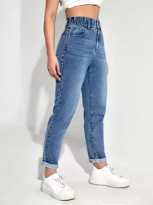 SHEIN EZwear Jeans mom de cintura con volante bajo de doblez