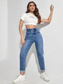 SHEIN EZwear Jeans mom de cintura con volante bajo de doblez
