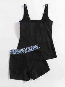 SHEIN Swim Curve Tankini de talla grande con panel floral para la playa de verano - Negro - Ver 2